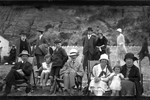 Percy, Jeanne,Vic, Horace Bench (husband of Millie, Marion's younger sister), Millie, Mary Bench, Alice Brown. About 1925 at Meadfoot Beach, Torquay. 
